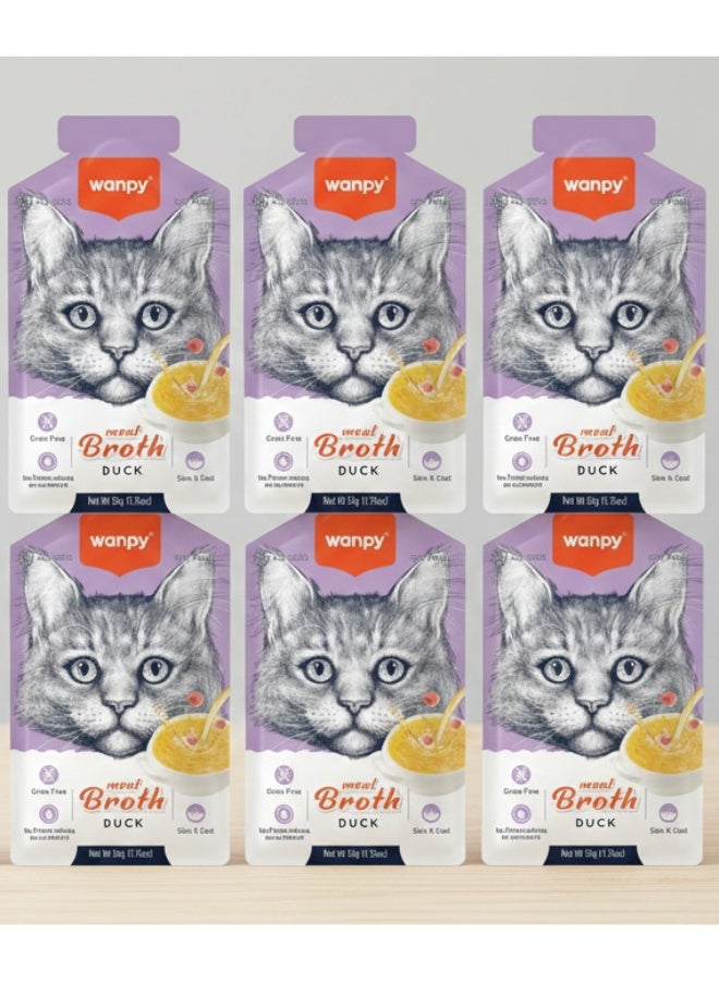 Meat Broth for Cats– Savory Duck Flavor – Pack of 6  – Grain-Free Skin & Coat Support